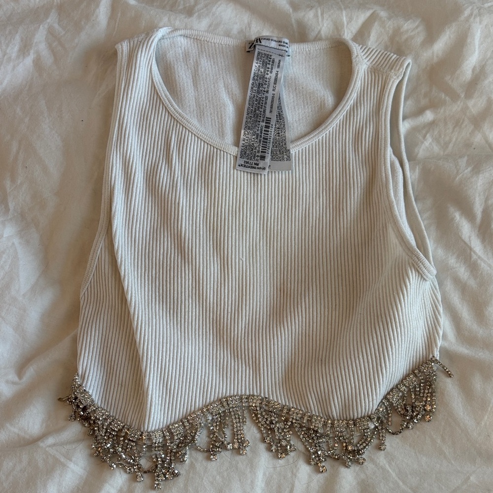Zara White Crop Top with Silver Beaded Hem